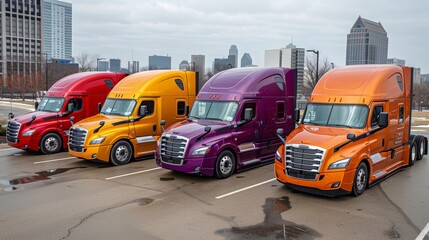 Four Colorful Semi-trucks Parked in a Row in an Urban Setting with Modern Architecture