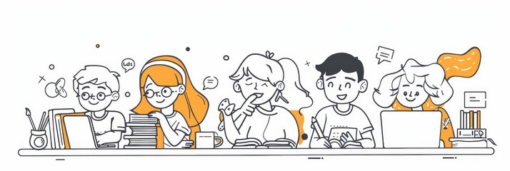 Students Studying and Working Together - Illustration of a group of students studying and working together at a desk - Illustration of a group of students studying and working together at a desk
