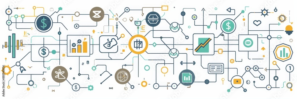 Poster abstract illustration of interconnected icons and lines representing technology, finance and busines