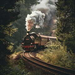 Obraz premium Steam Train in the Forest - A vintage steam train emerges from a dense forest, leaving a trail of smoke behind it. The image captures the essence of old-world travel and adventure, with the train's pr