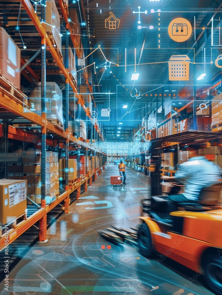 Poster modern warehouse automation - an image showcasing the use of modern technology in a warehouse, featu