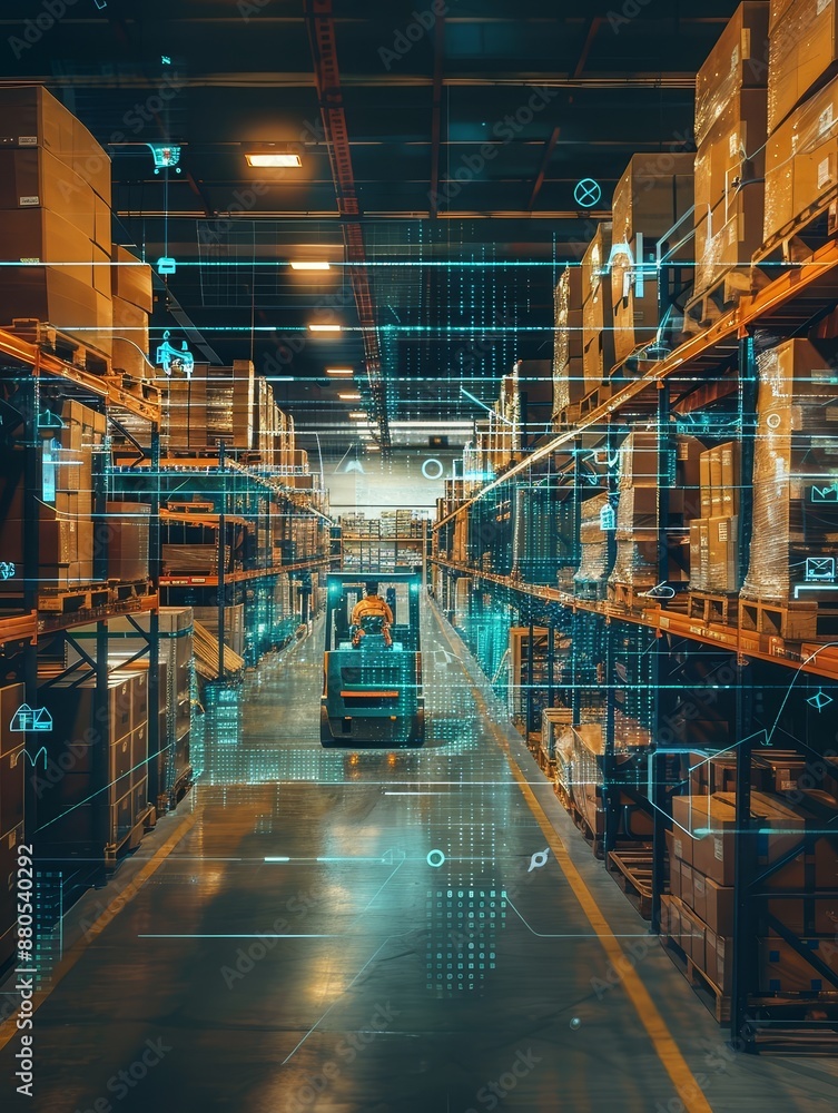 Poster automated warehouse with forklift and futuristic technology - a forklift drives through a modern war