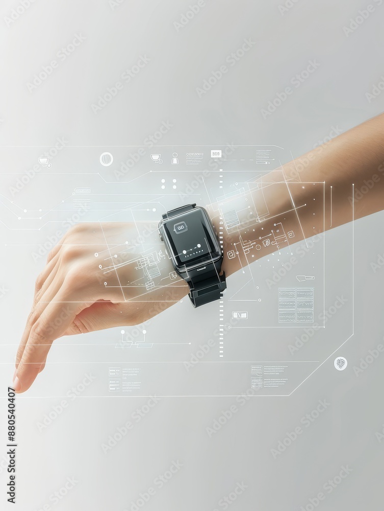 Poster smartwatch on a wrist with futuristic interface - a close-up of a person's wrist wearing a smartwatc