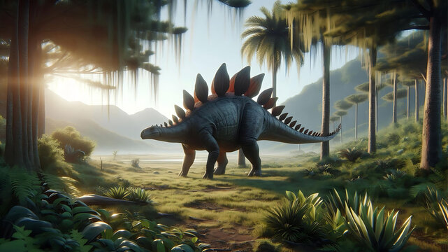 A realistic HD depiction of a Stegosaurus grazing in the Jurassic period.