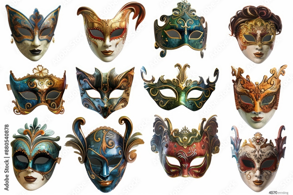 Poster a collection of colorful masks arranged on a plain white background