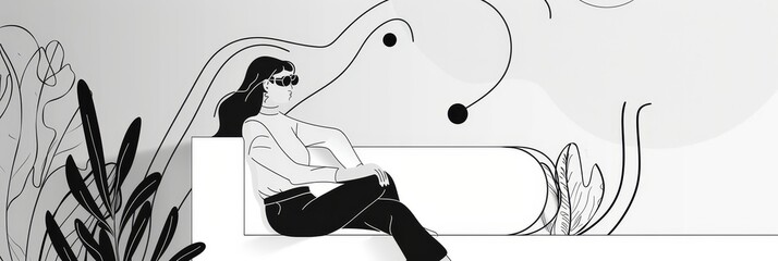 Obraz premium Woman Sitting on a Bench, Black and White Illustration - A black and white illustration of a woman sitting on a bench, with a minimalist background of floral designs. - A black and white illustration 