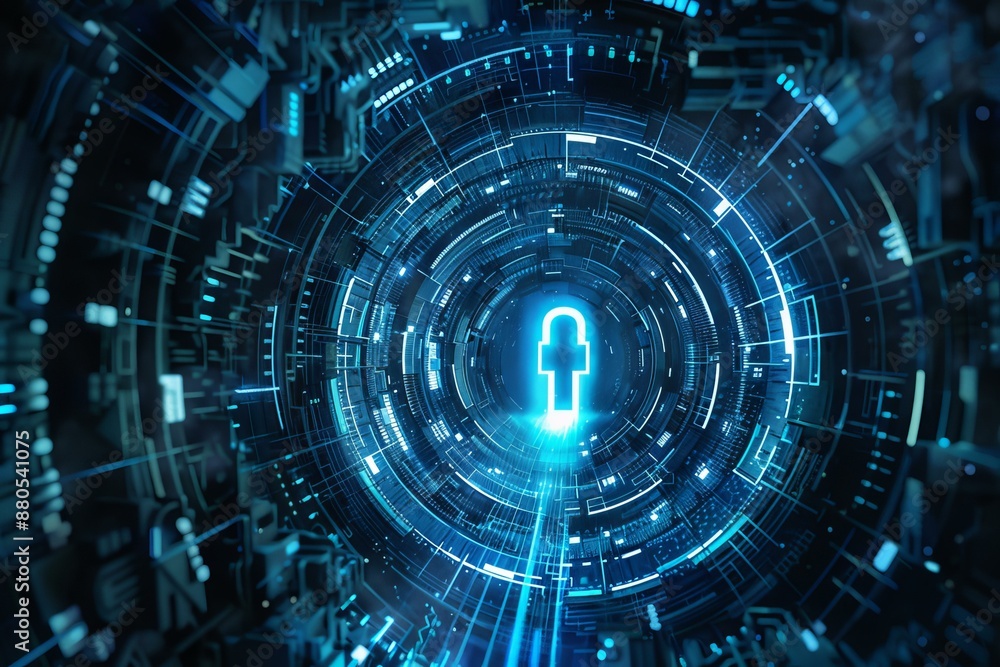 Poster glowing digital padlock is floating at the end of a futuristic tunnel made of digital technology
