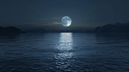 The moon ascends over the tranquil waters of the lake, casting a silvery glow upon its surface.