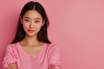Fototapeta premium Beautiful young Asian woman with healthy and perfect skin on isolated pink background. 