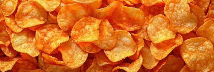 Crispy golden potato chips background, close up view of delicious snacks, food texture.
