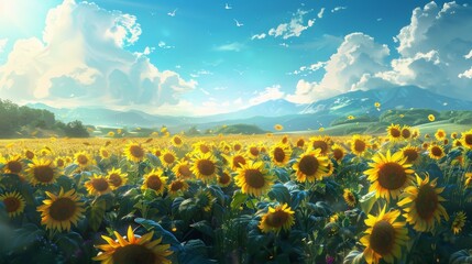 Obraz premium Vibrant sunflowers bloom in fields beneath a azure canvas.