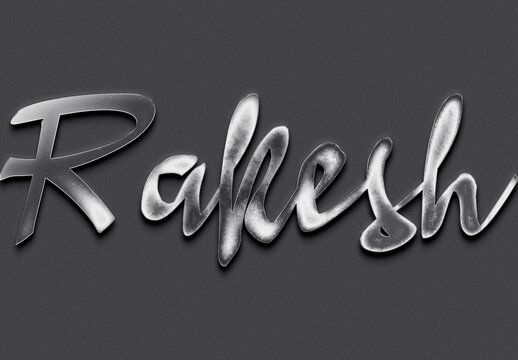 Chrome metal 3D Hindi name design of Rakesh on grey background.	