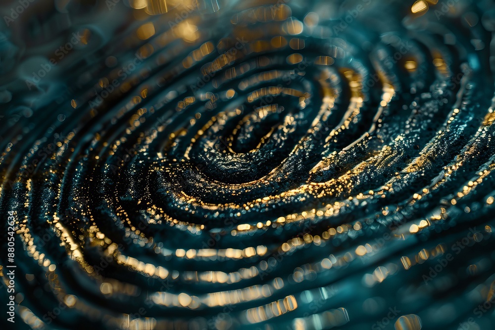 Poster abstract circular texture with golden particles flowing on a dark background