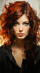 Fototapeta premium A Gorgeous Young Brown Haired Women Portrait With Minimalistic Brush Painting On Canvas