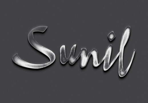 Chrome metal 3D Hindi name design of Sunil on grey background.	