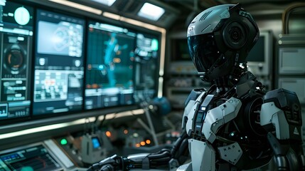 Futuristic humanoid robot interacting with a holographic interface