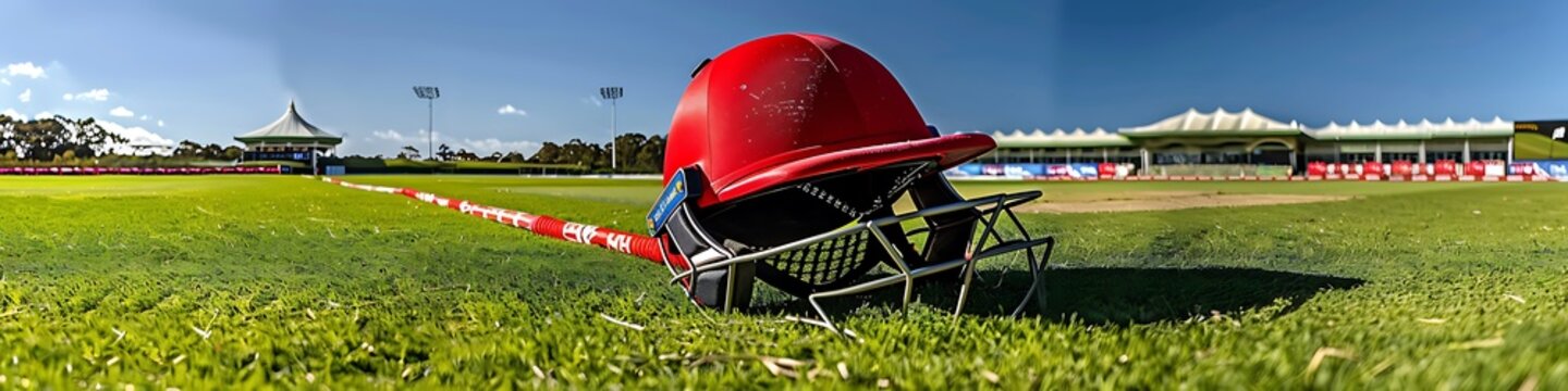 A red cricket batting helmet featuring a robust protective grill, lying on the manicured grass of a cricket field, with boundary ropes and pavilion in view under a clear sky.