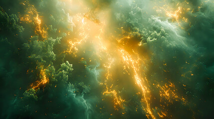 Fototapeta premium Surreal cloudscape with golden lightning and ethereal fog, creating a mystical atmosphere. Perfect for backgrounds and fantasy themes.
