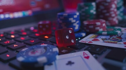 Gambling chips, cards and dice on top of laptop computer. online gambling concept.