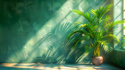 Obraz premium Lush tropical green palm leaves creating beautiful natural shadows on a sunlit wall, offering a serene and vibrant atmosphere.