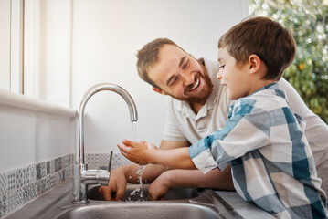 Faucet, kitchen or washing hands with father and son in home together for bonding, child...