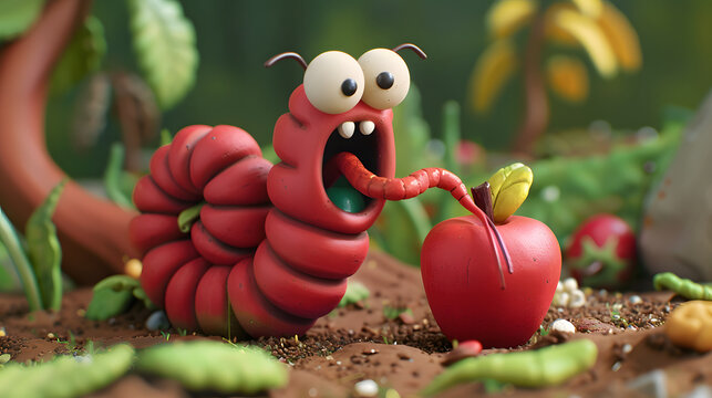worm in the grass, eating an apple, clay art