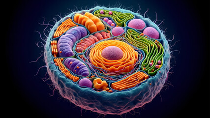 A realistic HD image of an animal cell, showcasing detailed internal organelles such as the nucleus,
