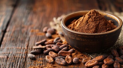 Cocoa powder in a bowl and cocoa beans on wooden background	
