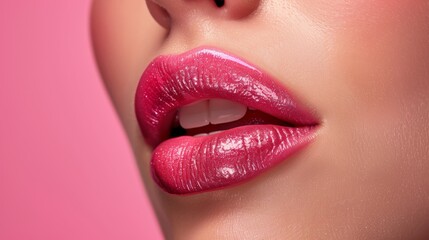 Naklejka premium Close-up of beautiful lips with light pink lipstick 