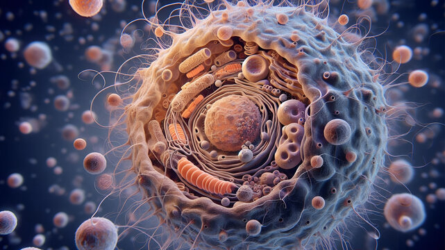 A highly detailed HD depiction of an animal cell interior, featuring organelles like the nucleus, Golgi apparatus, and cytoskeleton.