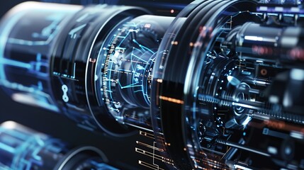 Fototapeta premium Close-Up of Futuristic 'Empty Rhetoric Energy Converter' with Holographic Projections and Quantum Field Visualizations