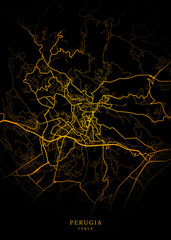 Perugia City, Italy Map - Perugia City Maps Gold Poster Wall Art Home Decor Ready to Printable	
