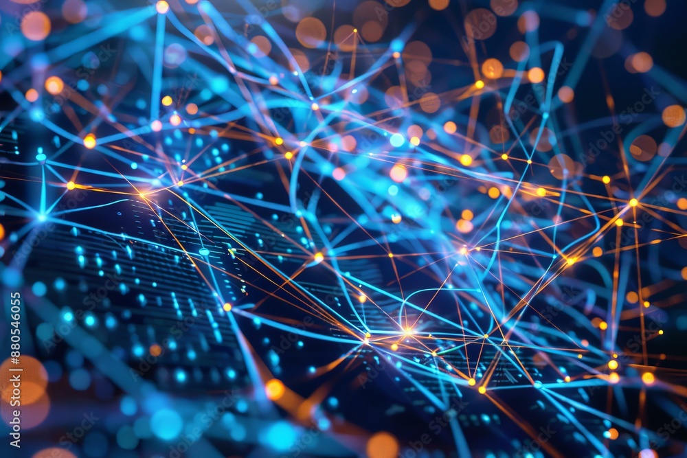 Poster abstract representation of data transferring on a circuit board, creating a complex network of conne