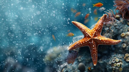 Vibrant underwater scene featuring a starfish resting on coral with small fish swimming nearby, captured in a beautiful aquatic environment.