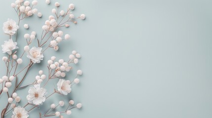 Elegant floral arrangement with white flowers and berries on a soft blue background, perfect for spring or wedding-themed projects.