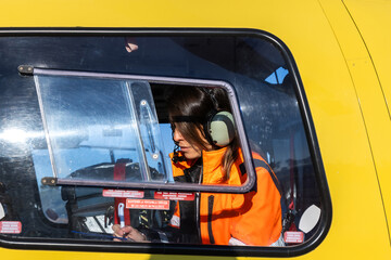 Paramedic through the window of the rescue helicopter