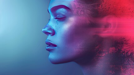 Surreal digital art of a woman's side profile with vibrant colors and light effects, depicting contemplation and futuristic themes.