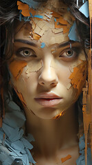 Contemporary Artistry Of A Pretty Women Portrait Mix with Gold And Dark Blue Ceramic Patches