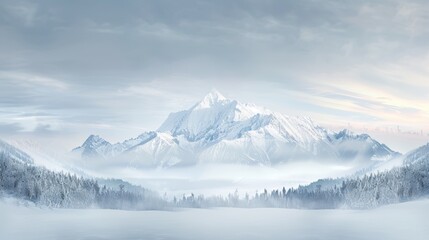 Serene winter landscape with snow-covered mountains and a peaceful misty valley, capturing the tranquil beauty of the icy wilderness.