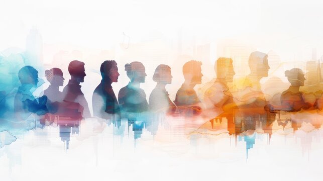 Silhouettes of people in a watercolor style, symbolizing unity, diversity, and community.