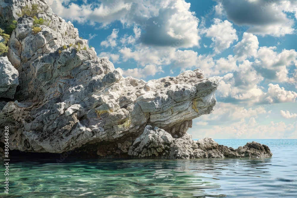 Poster a large rock formation standing tall in the midst of a calm body of water, perfect for use as a scen