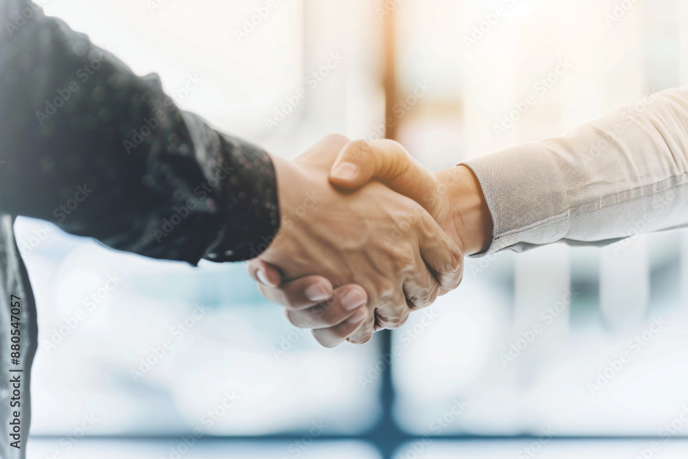 Wall mural close up of business people shaking hands in office, white blurred background with copy space concep