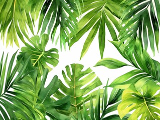 Green Tropical Leaves Watercolor Illustration for Botanical and Summer Themes with Copy Space