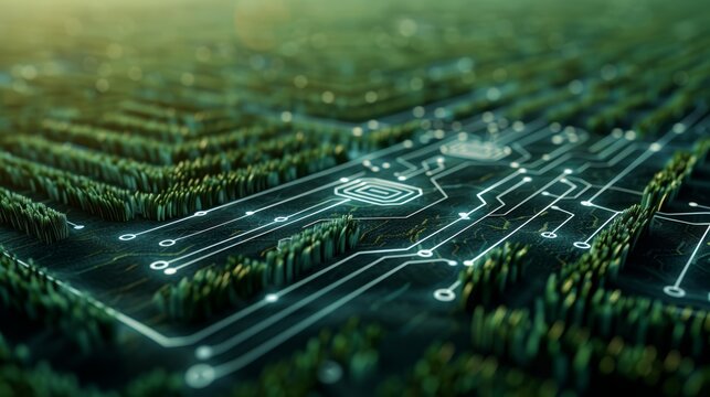 Futuristic circuit board landscape blending technology and nature, symbolizing innovation, sustainability, and green energy solutions.