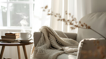 Cozy Morning with Coffee, Books, and a Knitted Blanket by the Window