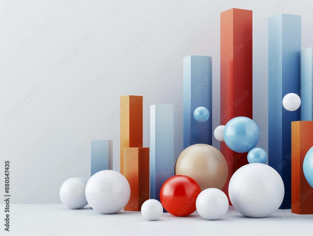 Poster abstract geometric shapes in blue, white, and orange against a white background. the spheres and rec