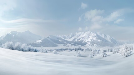 Obraz premium Serene winter landscape with snow-covered mountains and trees under a clear blue sky, showcasing nature's beauty in cold weather.