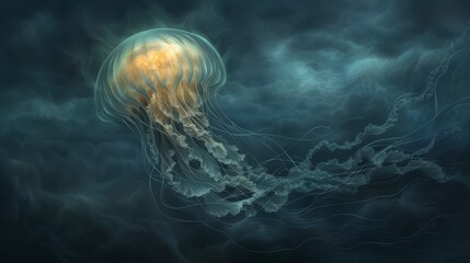 Ethereal jellyfish gracefully drifting in the dark ocean, surrounded by an aura of light, showcasing its translucent beauty in the deep sea.