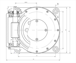 Vector engineering drawing of a sweet water production automatic machine.
Cad scheme. Mechanical background.