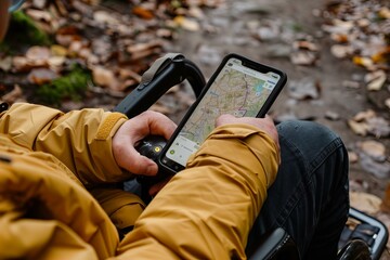 Person is navigating through an autumn forest using a smartphone app on his wheelchair